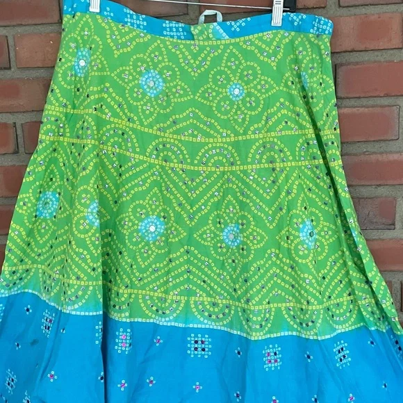 Boho one size adjustable Green and Blue Women's Skirt midi- max cotton sequined - Picture 5 of 6